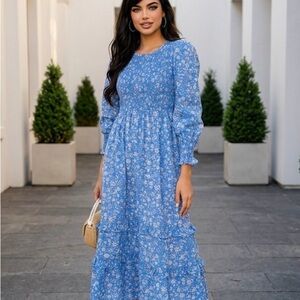 Blue Floral Long Sleeve Dress